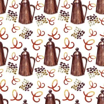 Watercolor seamless pattern with coffee attributes and coffee Illustrazione stock