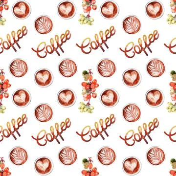 Watercolor seamless pattern with coffee attributes and coffee Illustrazione stock