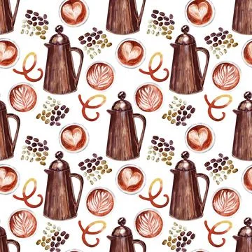 Watercolor seamless pattern with coffee attributes and coffee Illustrazione stock