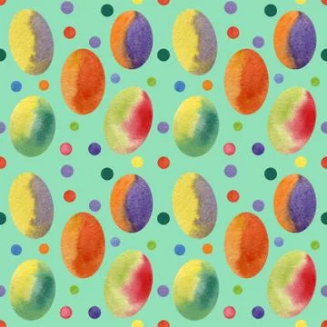 Watercolor seamless pattern with colorful easter eggs on mint background. 스톡 일러스트