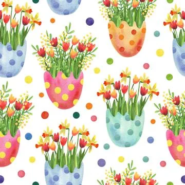 Watercolor seamless pattern with colorful Easter eggs and flowers. Stock Illustration