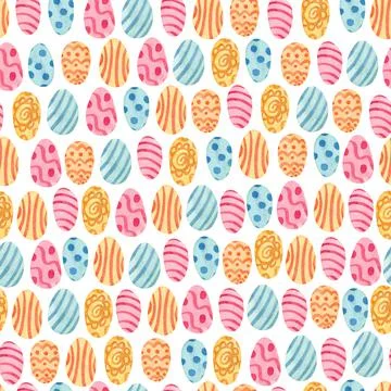 Watercolor seamless pattern with Colorful Easter eggs on white 스톡 일러스트