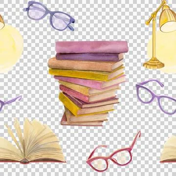 Watercolor seamless pattern composition of books, glasses and desk lamp Stock Illustration