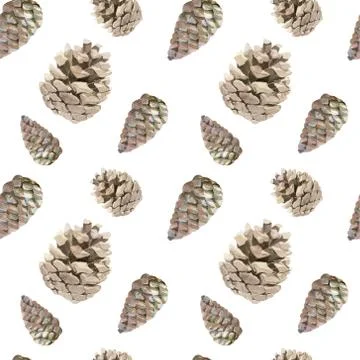 Watercolor seamless pattern with cones. Winter, autumn theme. Stock Illustration