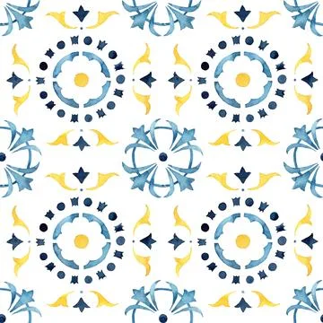 Watercolor seamless pattern consisting of blue and yellow Mediterranean tiles Stock Illustration