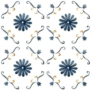 Watercolor seamless pattern consisting of yellow and blue Mediterranean tiles Stock Illustration