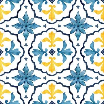 Watercolor seamless pattern consisting of yellow and blue Mediterranean tiles Stock Illustration