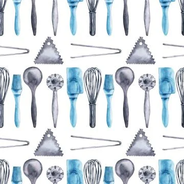 Watercolor seamless pattern with cooking tools and holiday sweets Illustrazione stock