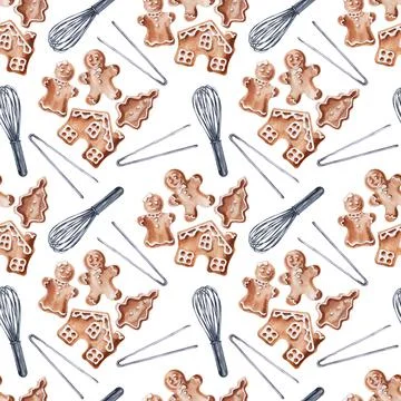 Watercolor seamless pattern with cooking tools and holiday sweets Stock Illustration