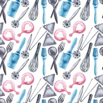 Watercolor seamless pattern with cooking tools and holiday sweets Stock Illustration