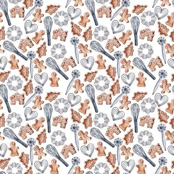Watercolor seamless pattern with cooking tools and holiday sweets Illustrazione stock