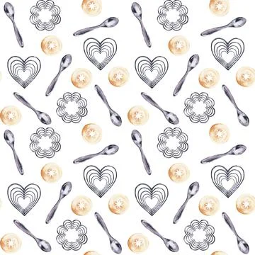Watercolor seamless pattern with cooking tools and holiday sweets Illustrazione stock