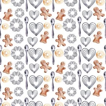 Watercolor seamless pattern with cooking tools and holiday sweets Illustrazione stock