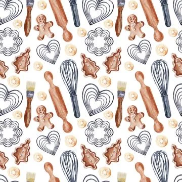 Watercolor seamless pattern with cooking tools and holiday sweets Illustrazione stock