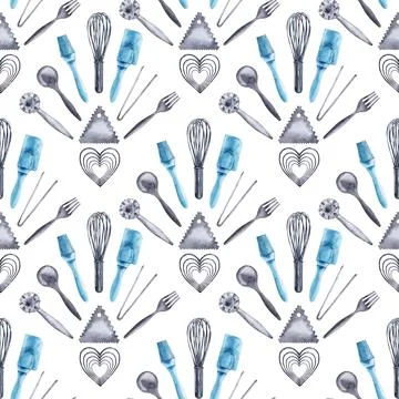 Watercolor seamless pattern with cooking tools and holiday sweets Stock Illustration