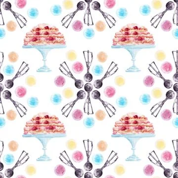Watercolor seamless pattern with cooking tools and holiday sweets Stock Illustration