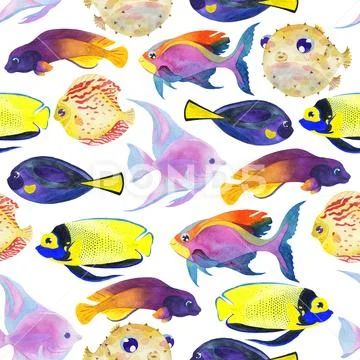 Watercolor seamless pattern with coral fishes. Stock Illustration