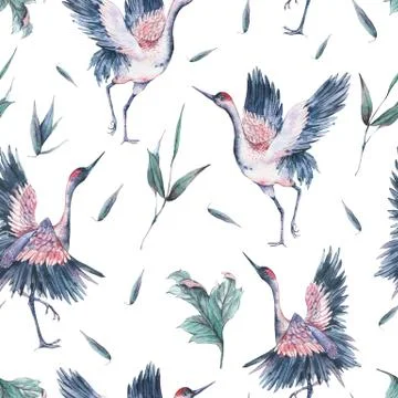 Watercolor seamless pattern with crane Stock Illustration