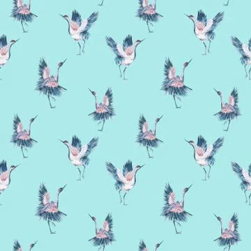 Watercolor seamless pattern with crane Stock Illustration