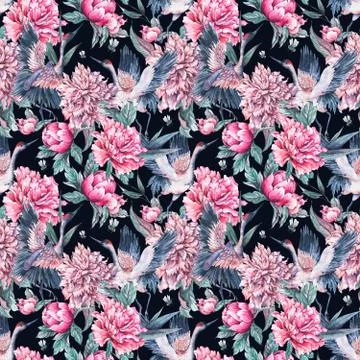 Watercolor seamless pattern with crane, pink peonies Stock Illustration