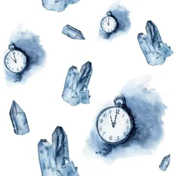 Watercolor seamless pattern with crystal of ice and vintage clock. Watercolor Stock Illustration