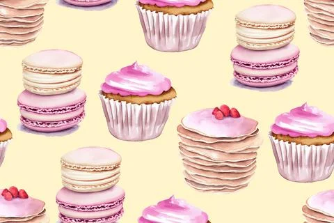 Watercolor seamless pattern with cupcake, macaroon and pancake on light beige Stock Illustration