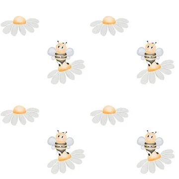 Watercolor seamless pattern with cute bees and chamomile flowers on a white Ilustración de archivo