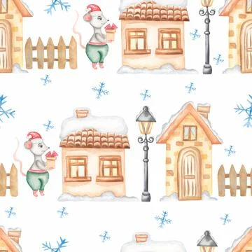 Watercolor seamless pattern with cute characters mice, gifts, houses,lanter.. Illustrazione stock