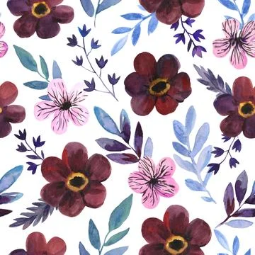 Watercolor seamless pattern with cute dark purple flowers and blue leaves Stock Illustration