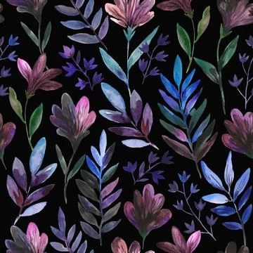 Watercolor seamless pattern with cute dark purple flowers and blue leaves Stock-Illustration