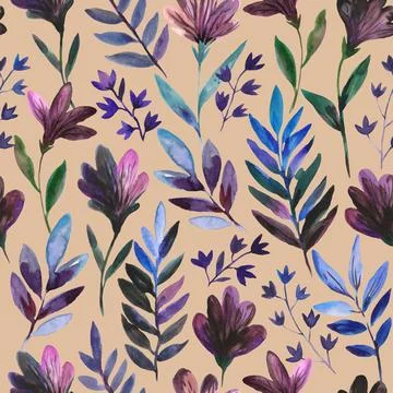 Watercolor seamless pattern with cute dark purple flowers and blue leaves Stock Illustration