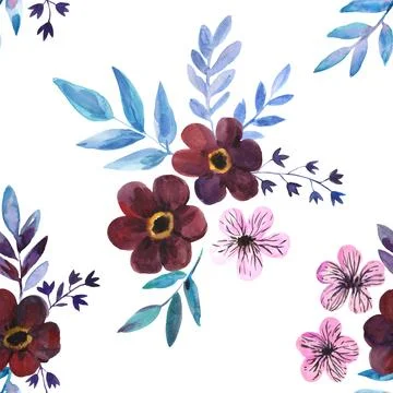 Watercolor seamless pattern with cute dark purple flowers and blue leaves. .. 스톡 일러스트