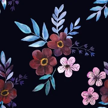 Watercolor seamless pattern with cute dark purple flowers and blue leaves. .. 스톡 일러스트