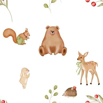 Watercolor seamless pattern of cute forest animals. Cute bear, fawn, bunny Stock Illustration