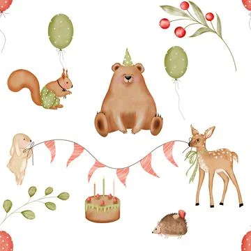 Watercolor seamless pattern of cute forest animals. Cute bear, fawn, bunny Stock Illustration