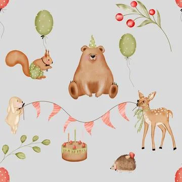 Watercolor seamless pattern of cute forest animals. Cute bear, fawn, bunny Stock Illustration