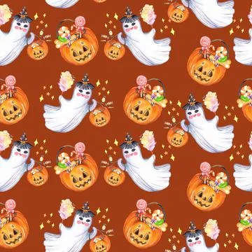 Watercolor seamless pattern with cute ghost and sweets Stock Illustration