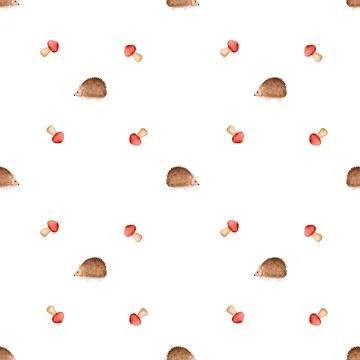 Watercolor seamless pattern of cute hedgehog. with mushrooms Cute animal print Stock Illustration