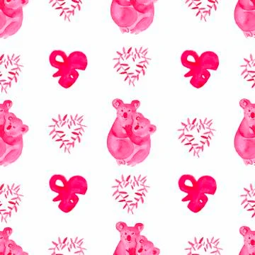 A watercolor seamless pattern with cute koala and tropical leaves in pink. Stock Illustration