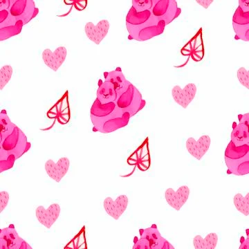 Watercolor seamless pattern with cute panda bear and tropical leaves in pink. Stock Illustration