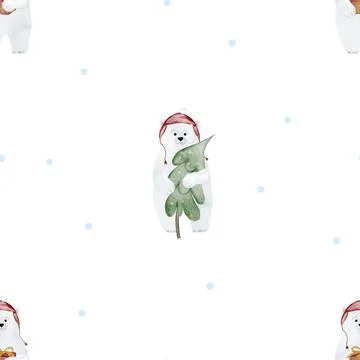 Watercolor seamless pattern of a cute white bear in a red hat with a Christmas Stock Illustration