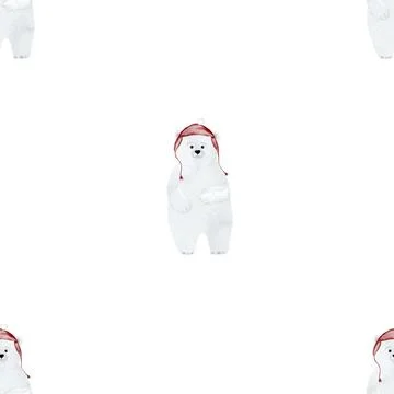 Watercolor seamless pattern of a cute white bear in a red hat. Pretty pattern Stock Illustration