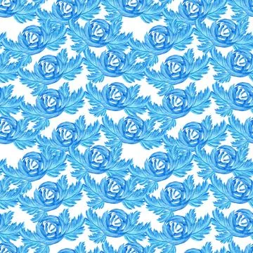 Watercolor seamless pattern with dark blue-blue stylized acanthus leaves Stock Illustration