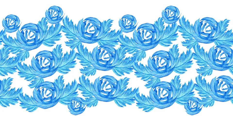 Watercolor seamless pattern with dark blue-blue stylized acanthus leaves Stock Illustration