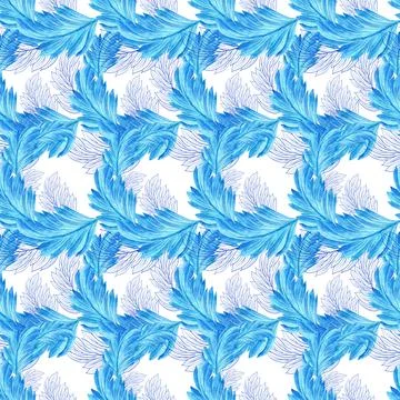 Watercolor seamless pattern with dark blue-blue stylized acanthus leaves Stock Illustration