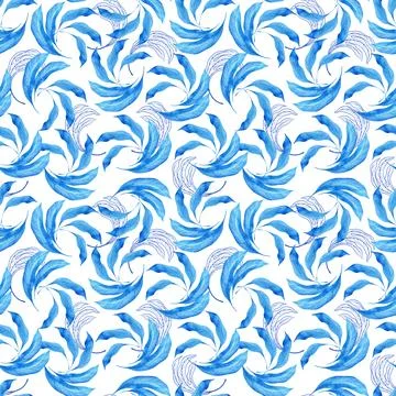 Watercolor seamless pattern with dark blue-blue stylized acanthus leaves Stock Illustration