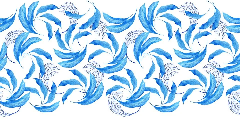 Watercolor seamless pattern with dark blue-blue stylized acanthus leaves Stock Illustration