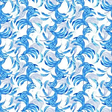 Watercolor seamless pattern with dark blue-blue stylized acanthus leaves Stock Illustration
