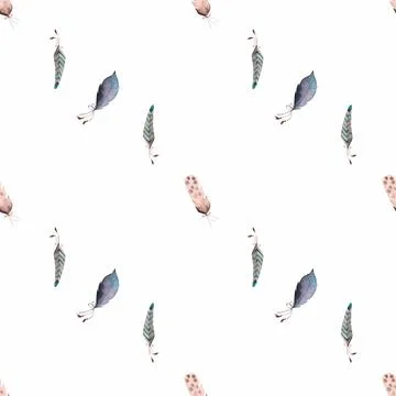 Watercolor seamless pattern with delicate feathers. cute boho pattern for Stock Illustration