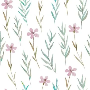 Watercolor seamless pattern with delicate meadow pink flowers. Stock Illustration
